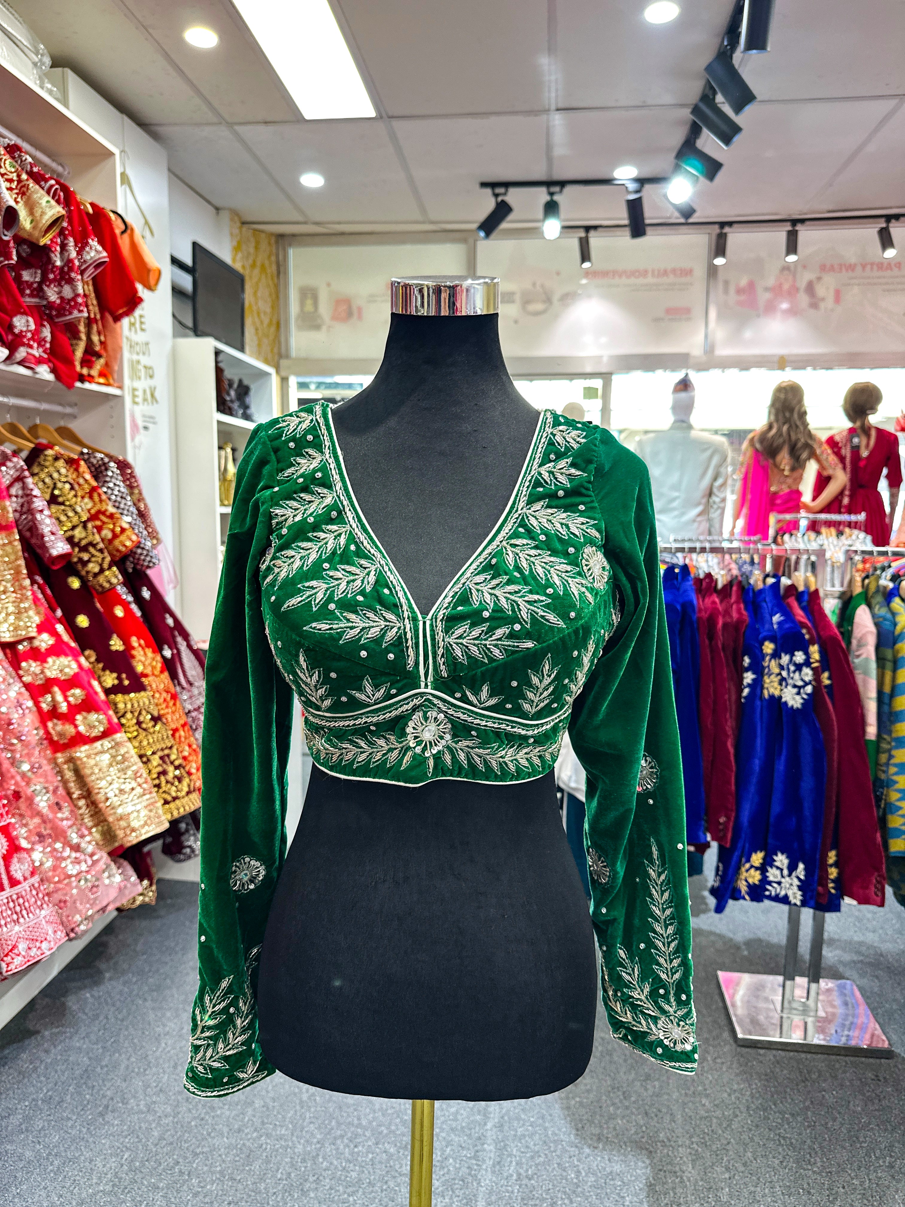 Velvet Full Handwork Blouse-Green 40-42